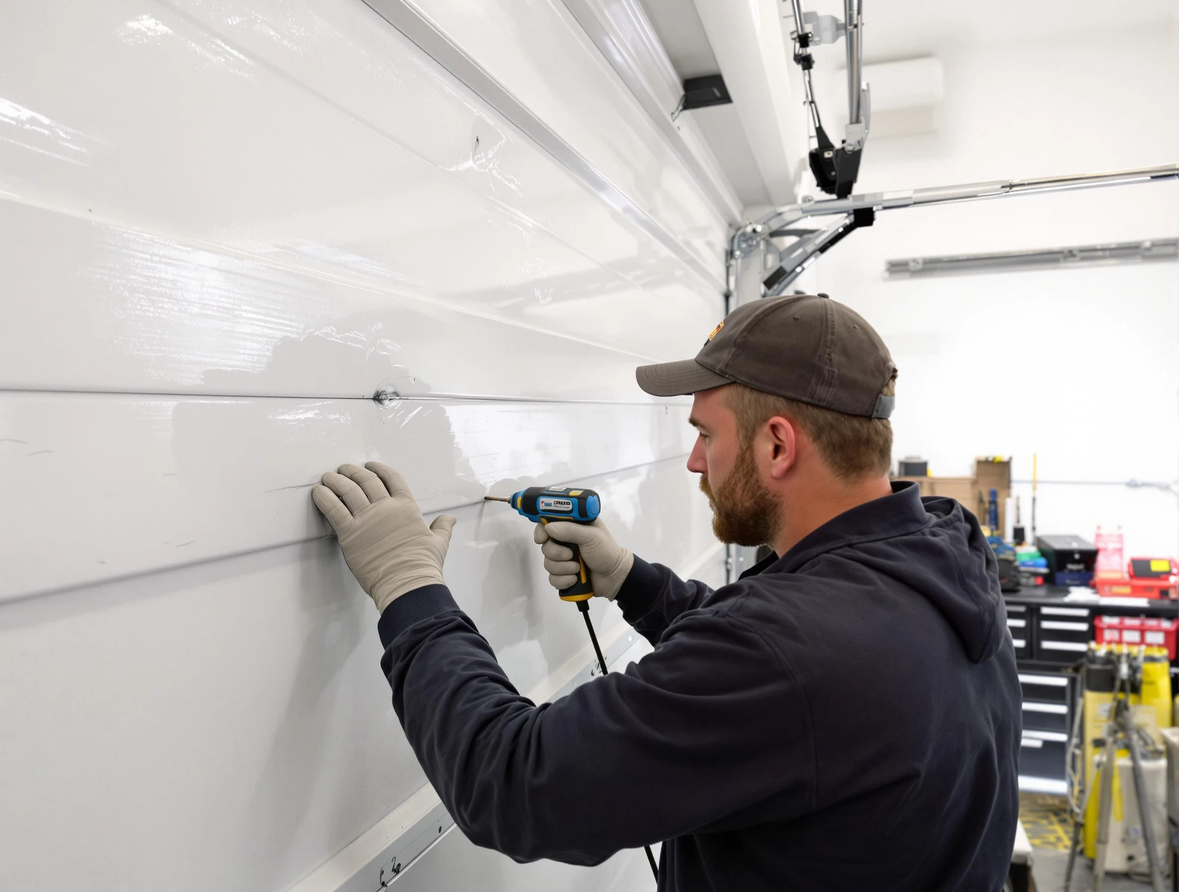 Kingfisher Garage Door Repair technician demonstrating precision dent removal techniques on a Kingfisher garage door